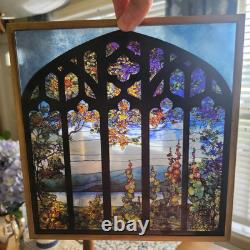 VINTAGE Landscape With Hollyhocks Stained Glass Panel 9.25 x 9.75 RARE