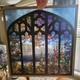 VINTAGE Landscape With Hollyhocks Stained Glass Panel 9.25 x 9.75 RARE