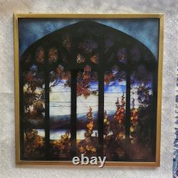 VINTAGE Landscape With Hollyhocks Stained Glass Panel 9.25 x 9.75 RARE