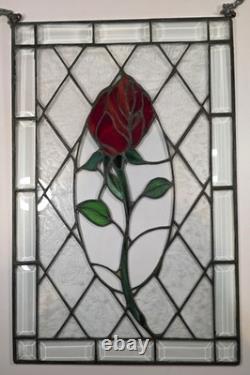 VTG 12 x 19 Hand Crafted Blooming Rosebud Stained Glass Hanging Window Panel