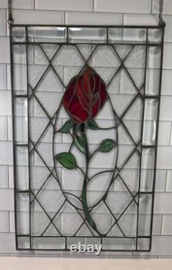 VTG 12 x 19 Hand Crafted Blooming Rosebud Stained Glass Hanging Window Panel