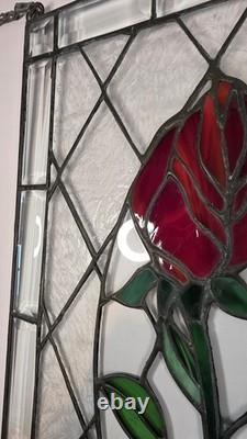 VTG 12 x 19 Hand Crafted Blooming Rosebud Stained Glass Hanging Window Panel