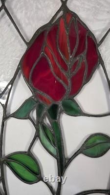 VTG 12 x 19 Hand Crafted Blooming Rosebud Stained Glass Hanging Window Panel