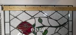 VTG 12 x 19 Hand Crafted Blooming Rosebud Stained Glass Hanging Window Panel