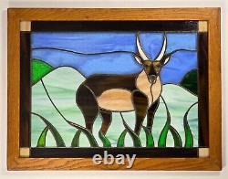VTG Leaded Stained Glass Window Panel Antelope 25.75x19.6 Framed AS IS, READ