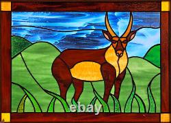 VTG Leaded Stained Glass Window Panel Antelope 25.75x19.6 Framed AS IS, READ