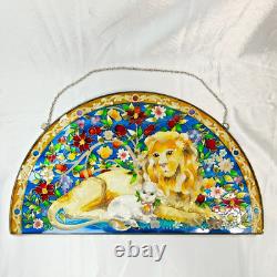 VTG Lion and Lamb Handpainted Stained Glass Panel Sun Catcher AMIA 17 x 10