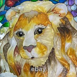 VTG Lion and Lamb Handpainted Stained Glass Panel Sun Catcher AMIA 17 x 10