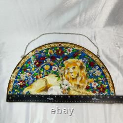 VTG Lion and Lamb Handpainted Stained Glass Panel Sun Catcher AMIA 17 x 10