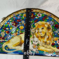 VTG Lion and Lamb Handpainted Stained Glass Panel Sun Catcher AMIA 17 x 10