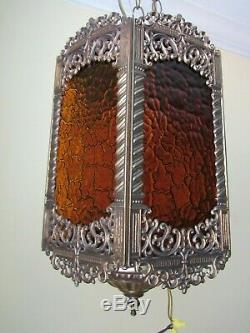 VTG Mid Century Gothic Spanish/Tudor Hanging Swag Light 6 Panel Stained Glass