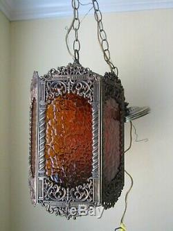 VTG Mid Century Gothic Spanish/Tudor Hanging Swag Light 6 Panel Stained Glass