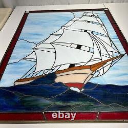 VTG STAINED LEADED GLASS WINDOW HANGING PANEL COLORFUL SAIL BOAT SEASCAPE Large