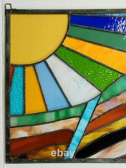 VTG Stained Glass Window Panel Sunburst Oil Derrick Energy Oilfield Texas 19x14