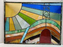 VTG Stained Glass Window Panel Sunburst Oil Derrick Energy Oilfield Texas 19x14