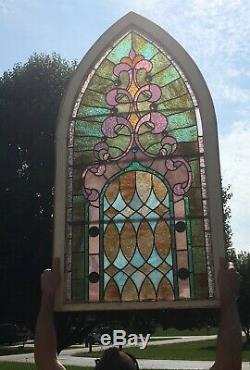 Very Old Antique Leaded Stained Glass Church Window Panel Wood Frame 60 In Tall