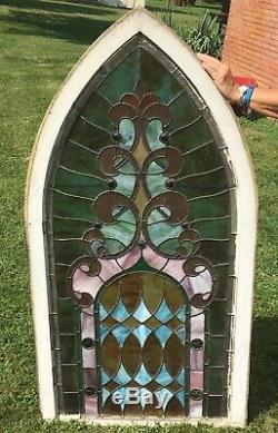 Very Old Antique Leaded Stained Glass Church Window Panel Wood Frame 60 In Tall