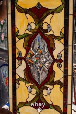 Victorian Beveled Stained Glass Window Panel with Metal Frame 35 3/4 x 17inches