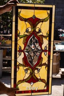 Victorian Beveled Stained Glass Window Panel with Metal Frame 35 3/4 x 17inches