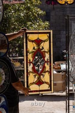 Victorian Beveled Stained Glass Window Panel with Metal Frame 35 3/4 x 17inches