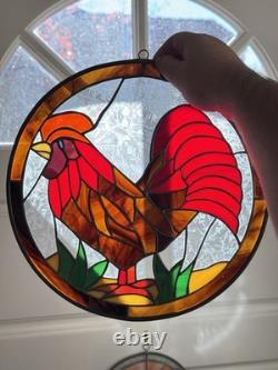 Vintage 12 Stained Glass Rooster Sun Catcher Hanging Window Panel Art Handmade