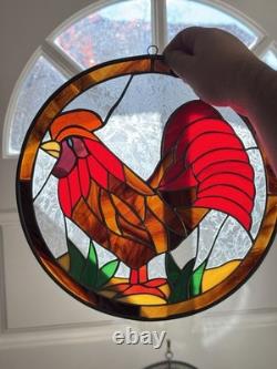 Vintage 12 Stained Glass Rooster Sun Catcher Hanging Window Panel Art Handmade