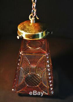 Vintage 1940s Art Deco brass stained panel Gilt glass Light house lantern light
