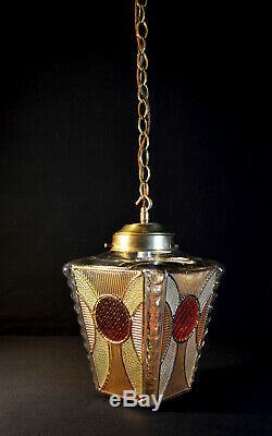 Vintage 1940s Art Deco brass stained panel Gilt glass Light house lantern light