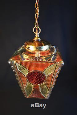 Vintage 1940s Art Deco bronze brass stained panel glass Light house lantern
