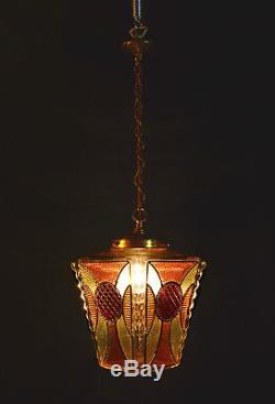 Vintage 1940s Art Deco bronze brass stained panel glass Light house lantern