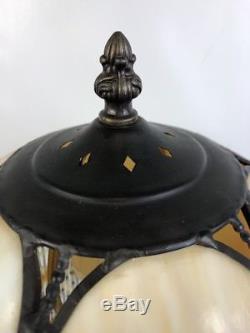 Vintage 6-Panel Slag Tulip Stained Glass Shade on Detailed Metal Base Lamp Deco