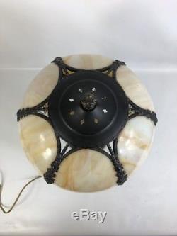 Vintage 6-Panel Slag Tulip Stained Glass Shade on Detailed Metal Base Lamp Deco