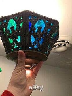 Vintage 8 Panel Lamp Shade Stained Glass Blue And Green brass ornate frame 10