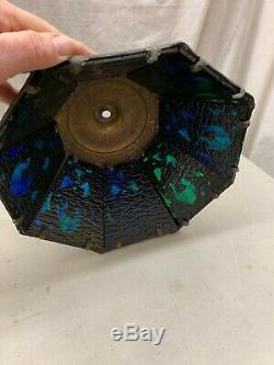 Vintage 8 Panel Lamp Shade Stained Glass Blue And Green brass ornate frame 10