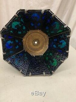 Vintage 8 Panel Lamp Shade Stained Glass Blue And Green brass ornate frame 10