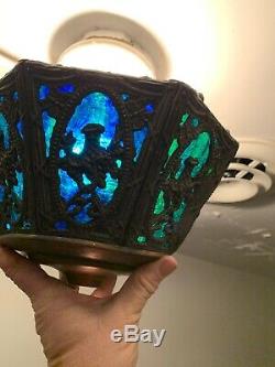 Vintage 8 Panel Lamp Shade Stained Glass Blue And Green brass ornate frame 10