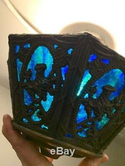 Vintage 8 Panel Lamp Shade Stained Glass Blue And Green brass ornate frame 10