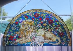 Vintage AMIA Stained Glass Lion & Lamb Isaiah Bible Verse Christian Sun Panel