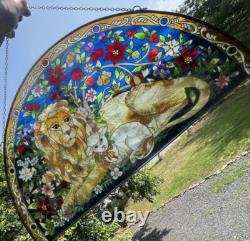 Vintage AMIA Stained Glass Lion & Lamb Isaiah Bible Verse Christian Sun Panel