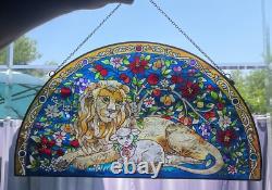 Vintage AMIA Stained Glass Lion & Lamb Isaiah Bible Verse Christian Sun Panel