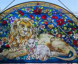 Vintage AMIA Stained Glass Lion & Lamb Isaiah Bible Verse Christian Sun Panel