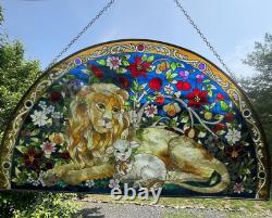 Vintage AMIA Stained Glass Lion & Lamb Isaiah Bible Verse Christian Sun Panel
