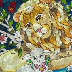 Vintage AMIA Stained Glass Lion & Lamb Isaiah Bible Verse Christian Sun Panel