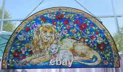 Vintage AMIA Stained Glass Lion & Lamb Isaiah Bible Verse Christian Sun Panel