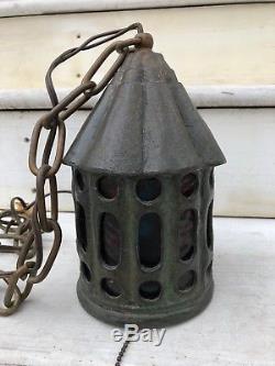 Vintage Antique Arts and Crafts Heavy Cast Porch Light withStained Glass Panels