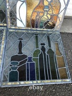 Vintage Apothecary Pharmacy Stained Glass Panels Set Of 4 With Medical Bottles