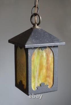 Vintage Arts & Crafts Mission Hanging Light with Slag Stained Glass Panes