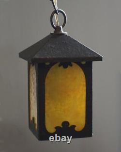 Vintage Arts & Crafts Mission Hanging Light with Slag Stained Glass Panes