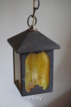 Vintage Arts & Crafts Mission Hanging Light with Slag Stained Glass Panes