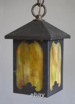 Vintage Arts & Crafts Mission Hanging Light with Slag Stained Glass Panes